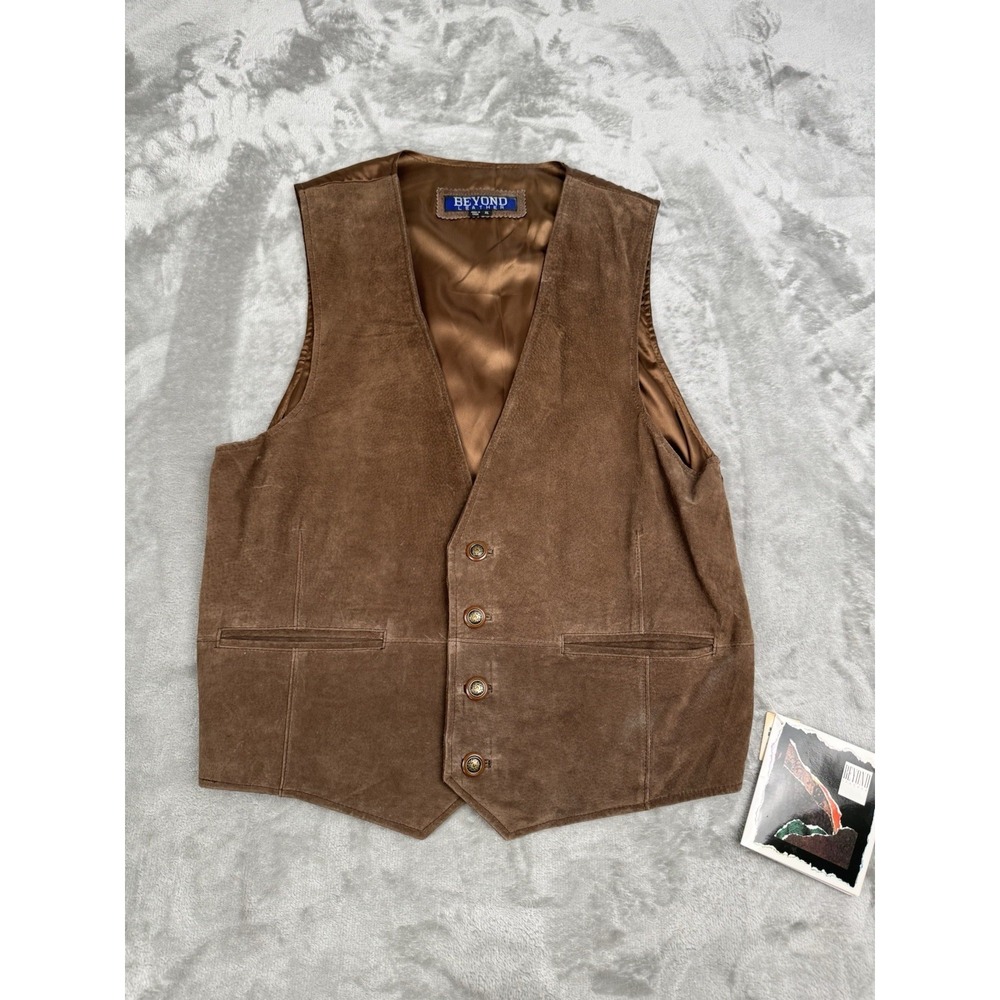 Vintage Beyond Leather Vest Mens XL Brown Western Cowboy Rodeo Casual Dress 90s